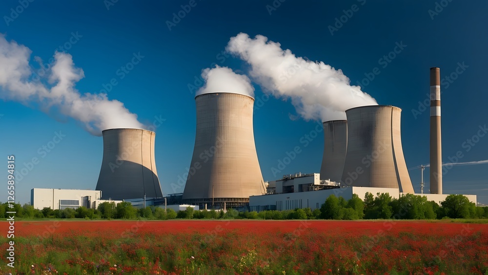 photograph of a nuclear power plant nestled in a vibrant, blooming landscape photograph of a nuclear power plant nestled in a vibrant, blooming landscape