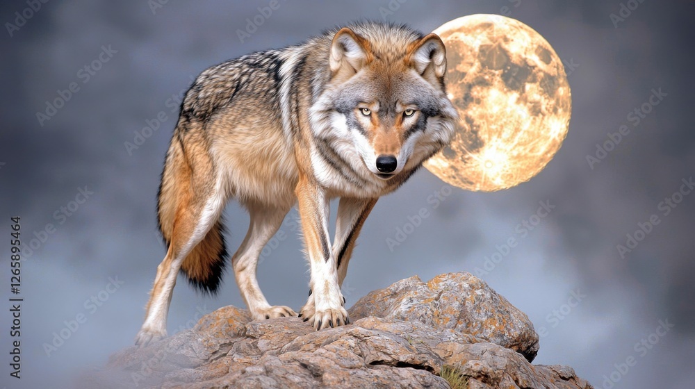 Fototapeta premium Close up of a lone wolf standing on a rocky ridge, full moon behind it, mist swirling around its powerful form