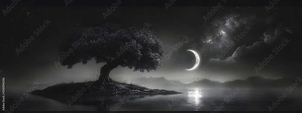 Fototapeta premium Black tree, reflection in water, night sky with crescent moon 