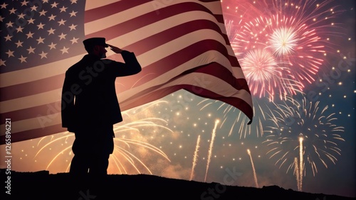Silhouetted soldier saluting the American flag with pride and honor, celebrating against a fireworks backdrop. word and concept