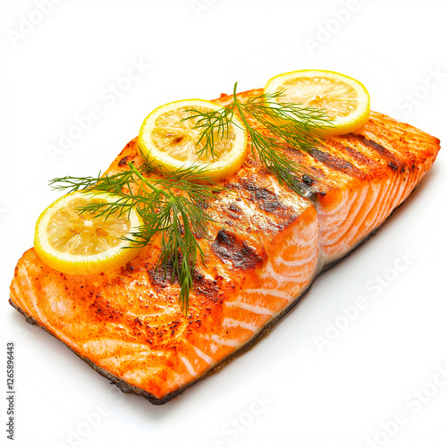 Crispy-skinned salmon fillet grilled to perfection, golden seared exterior, tender flaky inside, drizzled with fresh lemon, topped with fragrant dill. Classic seafood dish with depth. photo