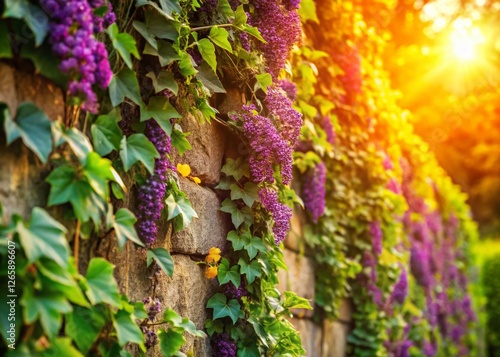 Lush Ivy and Purple Flowers Climbing Old Stone Wall - Spring Nature Stock Photo