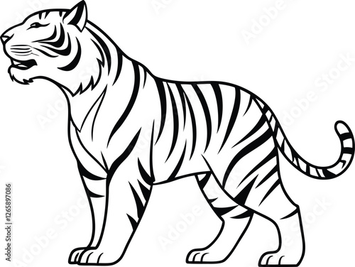 Majestic Bengal Tiger, Black and White, Line Art, Wild Animal, Powerful Predator, Stripes, Roaring, 