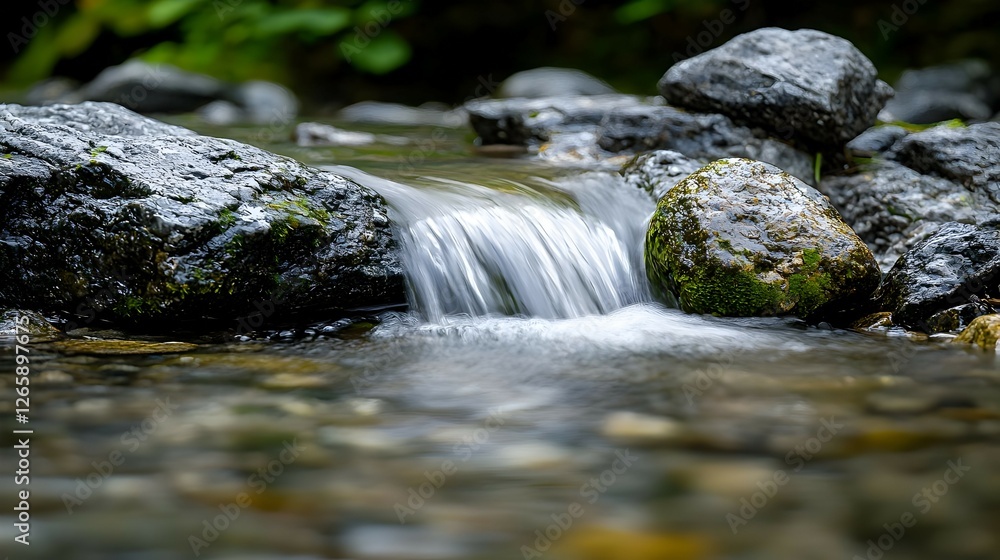 Small Waterfall Cascading Over Mossy Rocks in a Forest Stream Small Waterfall Cascading Over Mossy Rocks in a Forest Stream