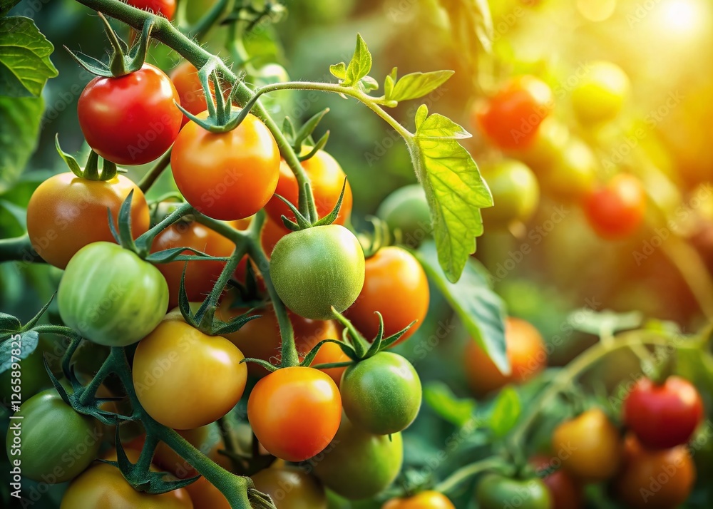Lush Tomato Plant with Ripening Green and Orange Tomatoes - Stock Photo Lush Tomato Plant with Ripening Green and Orange Tomatoes - Stock Photo