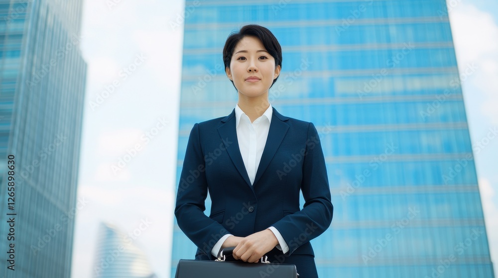A confident businesswoman stands outside a modern skyscraper, exuding professionalism and poise in her tailored suit. A confident businesswoman stands outside a modern skyscraper, exuding professionalism and poise in her tailored suit.