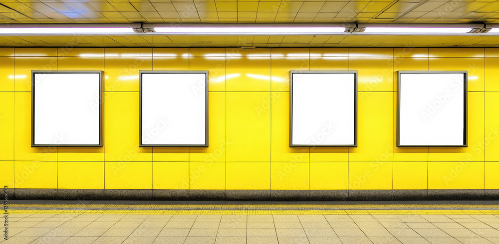 Naklejka premium Bright yellow subway station features empty frames on the wall, awaiting new posters for upcoming events or advertisements