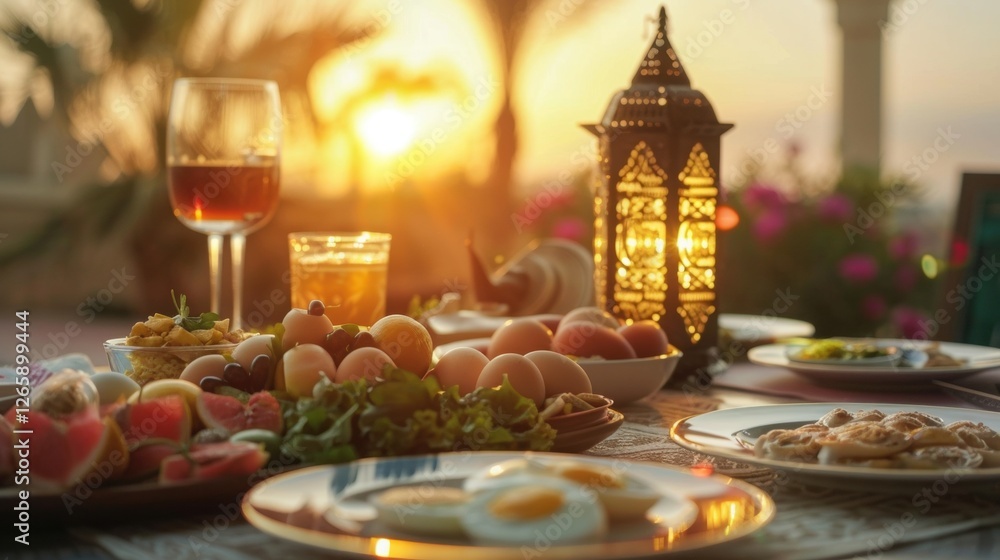 Fototapeta premium Traditional breaking the fast with Delicious Food and Warm Lighting