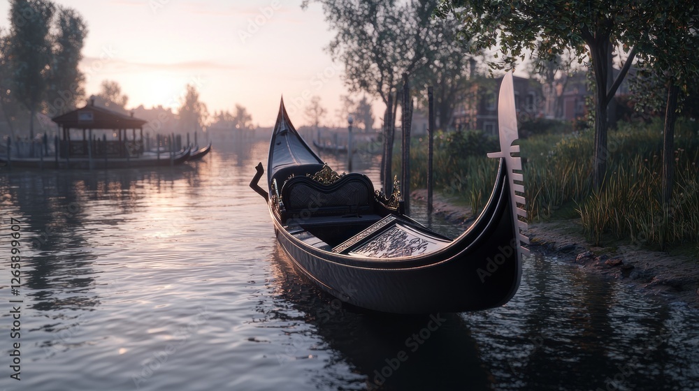 Venetian gondola at sunrise on canal with gazebo Venetian gondola at sunrise on canal with gazebo