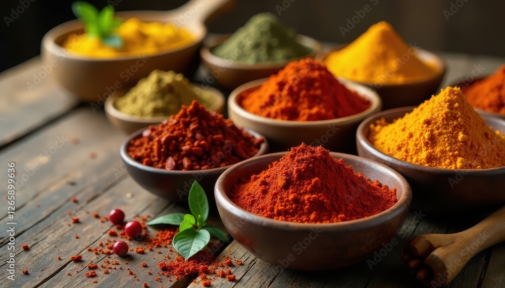 Wooden tabletop displays an array of colorful spices in bowls , moroccan, vibrant, fragrant Wooden tabletop displays an array of colorful spices in bowls , moroccan, vibrant, fragrant