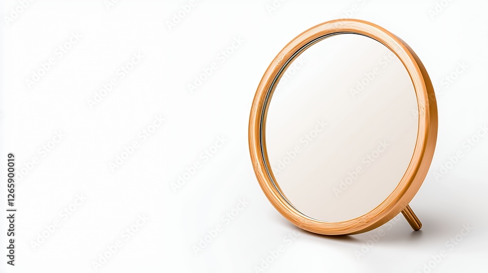 Elegant Round Mirror with Light Brown Wooden Frame on White Background Elegant Round Mirror with Light Brown Wooden Frame on White Background