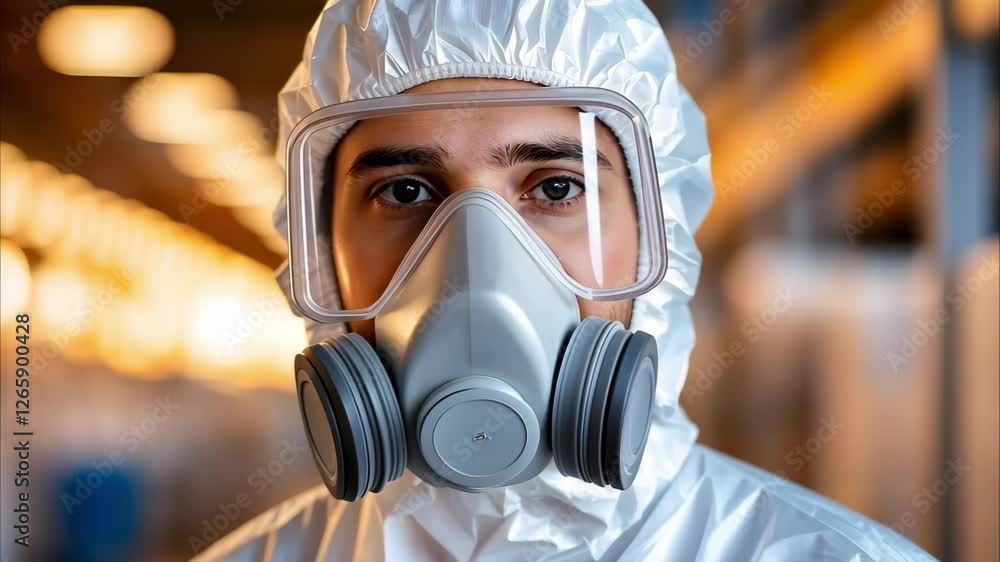 A person wearing a protective suit and respirator, likely in a hazardous environment such as a lab or industrial area.