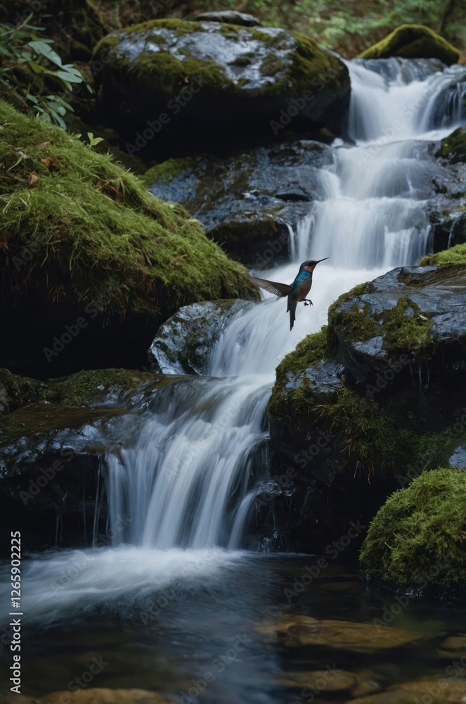 A serene waterfall scene with a bird in flight amidst lush greenery and flowing water. A serene waterfall scene with a bird in flight amidst lush greenery and flowing water.