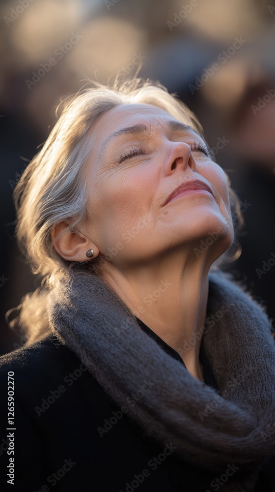 Serene elderly woman enjoying sunlight with peaceful expression outdoors Serene elderly woman enjoying sunlight with peaceful expression outdoors