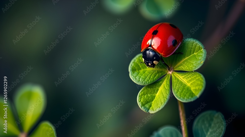 A ladybug perched on top of a rare four-leaf clover, ideal for illustrations and designs related to nature, good fortune, or whimsical themes A ladybug perched on top of a rare four-leaf clover, ideal for illustrations and designs related to nature, good fortune, or whimsical themes