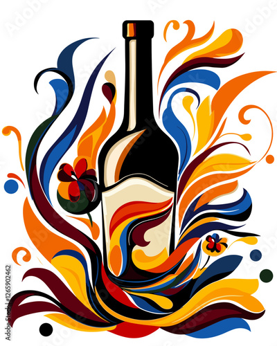 Vector illustration of a wine bottle surrounded by colorful swirling patterns for artistic projects 