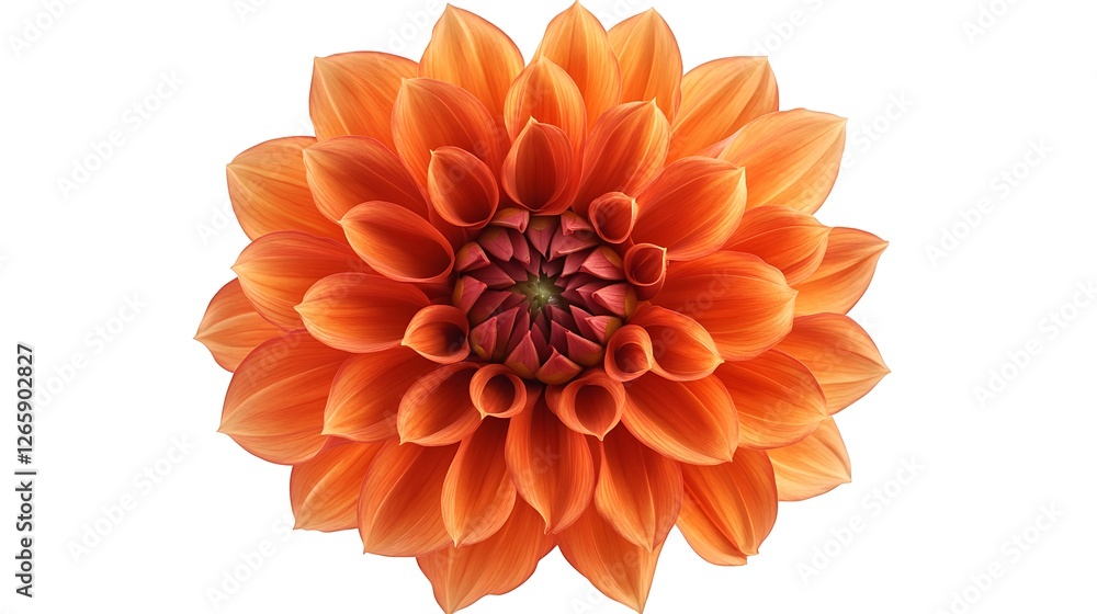 Top view of a vibrant orange Dahlia flower with layered petals, isolated on a white background. Top view of a vibrant orange Dahlia flower with layered petals, isolated on a white background.
