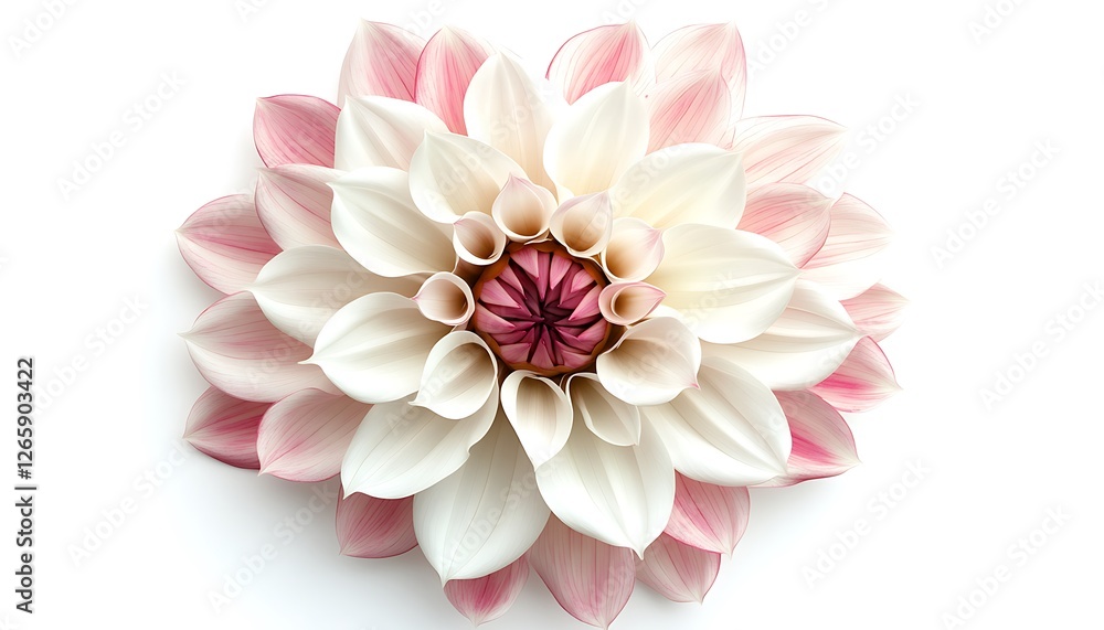 Top view of a white and pink Dahlia flower with detailed petal arrangement, isolated on a white background. Top view of a white and pink Dahlia flower with detailed petal arrangement, isolated on a white background.