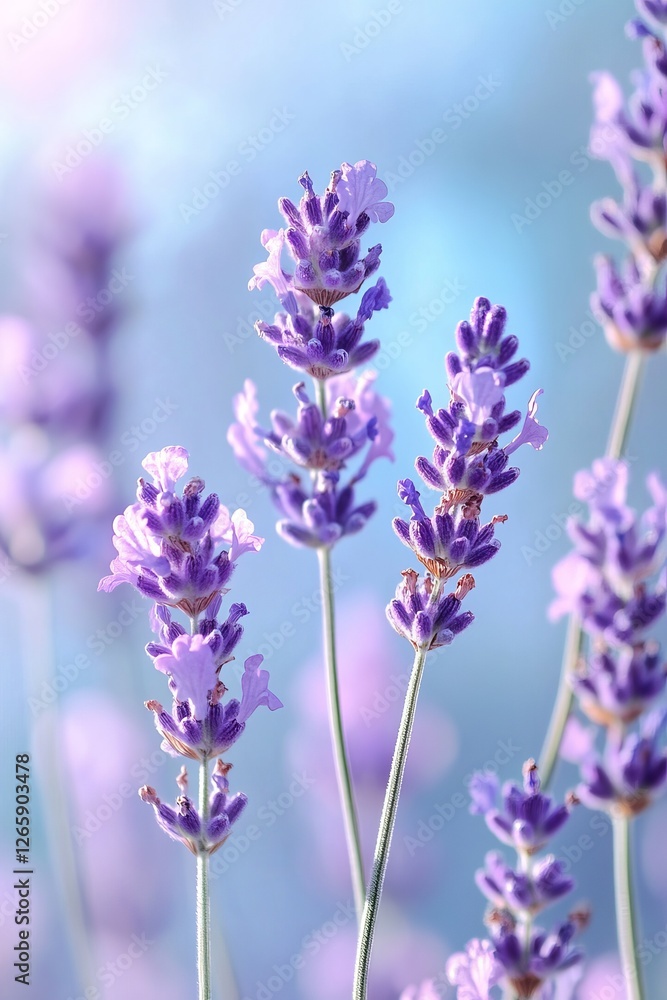 Obraz premium A close-up of lavender blooms, with the purple flowers standing out against a soft blue background