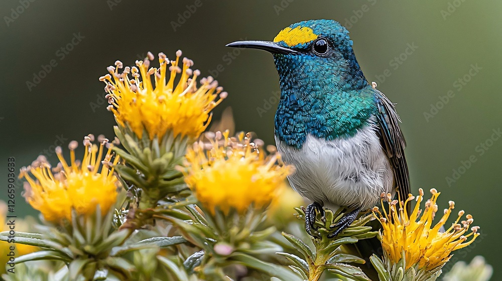Obraz premium Mountain hummingbird perched on yellow flowers, blurred green background, nature photography, wildlife
