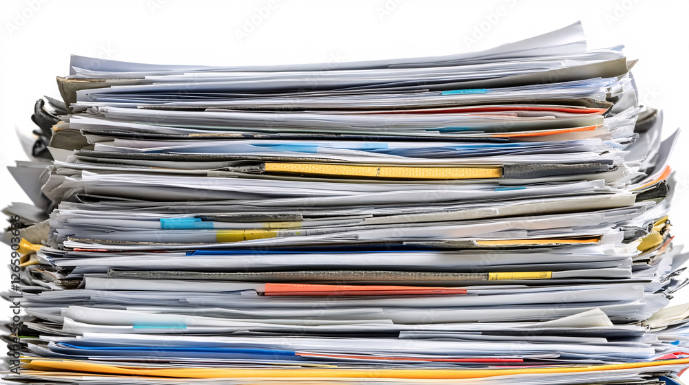 Overwhelming stack of messy papers, folders, and documents, creating a visual representation of busy work and disorganization. Overwhelming stack of messy papers, folders, and documents, creating a visual representation of busy work and disorganization.