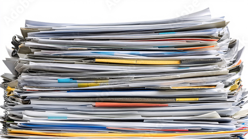 Overwhelming stack of messy papers, folders, and documents, creating a visual representation of busy work and disorganization.