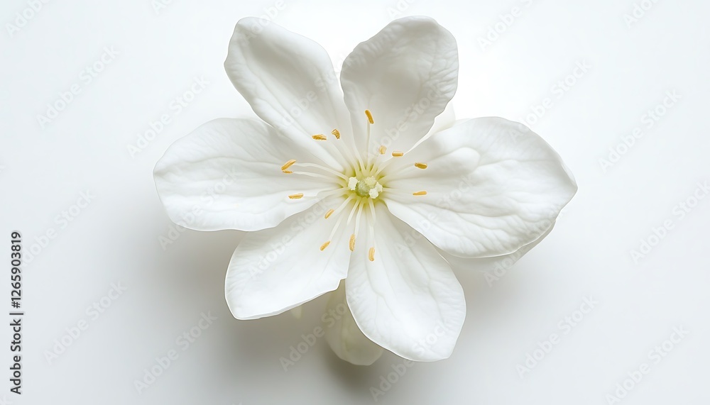 Top view of a white jasmine flower with delicate petals, isolated on a white background. Top view of a white jasmine flower with delicate petals, isolated on a white background.