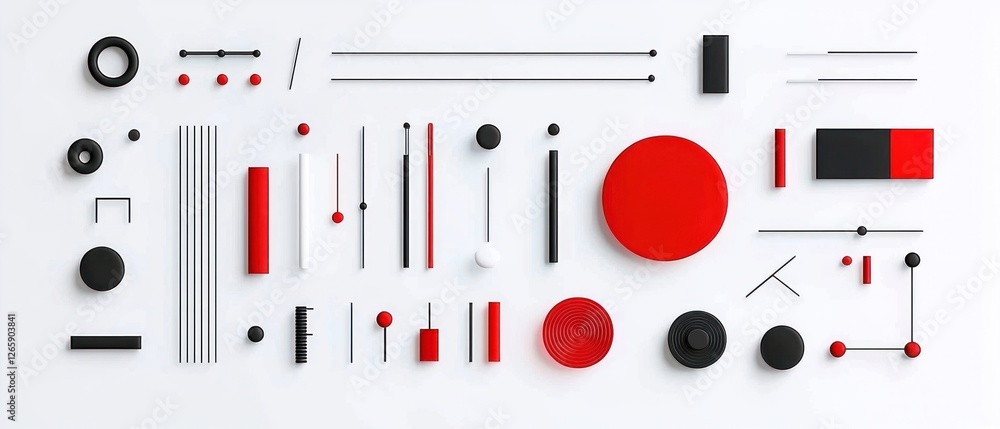 Fototapeta premium Abstract Geometric Composition with Red and Black Shapes on White Background