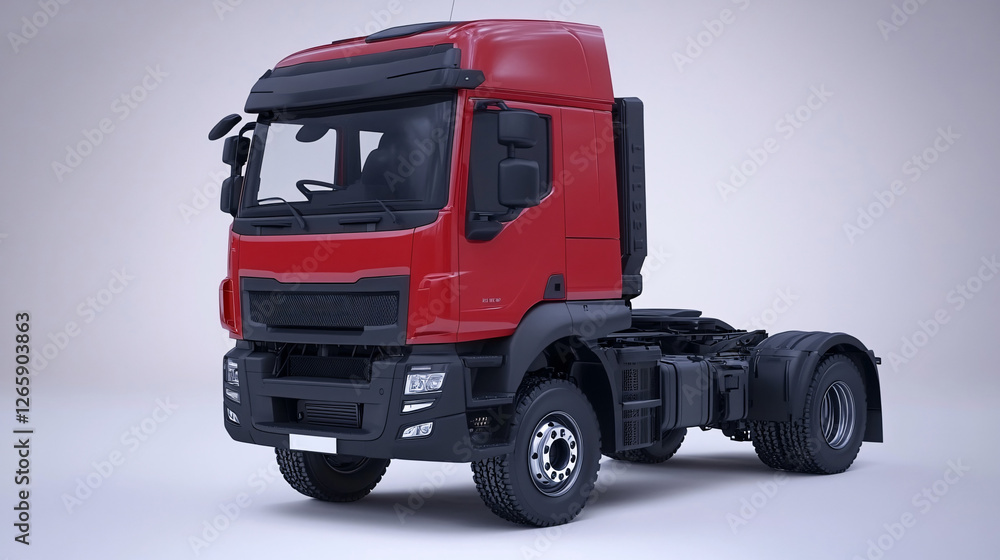 Naklejka premium Red cab-over semi-truck with all-terrain tires, showcasing a clean and detailed design against a plain backdrop.