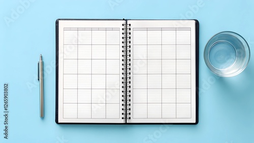 Balanced diet meal plan journal for healthy nutrition top-down view bright setting