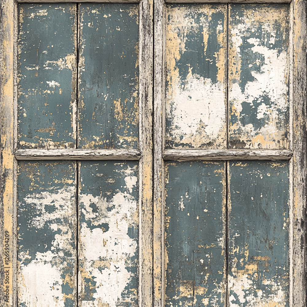 Weathered wooden panels reveal layers of chipped teal and white paint, framed by aged and worn molding. Weathered wooden panels reveal layers of chipped teal and white paint, framed by aged and worn molding.