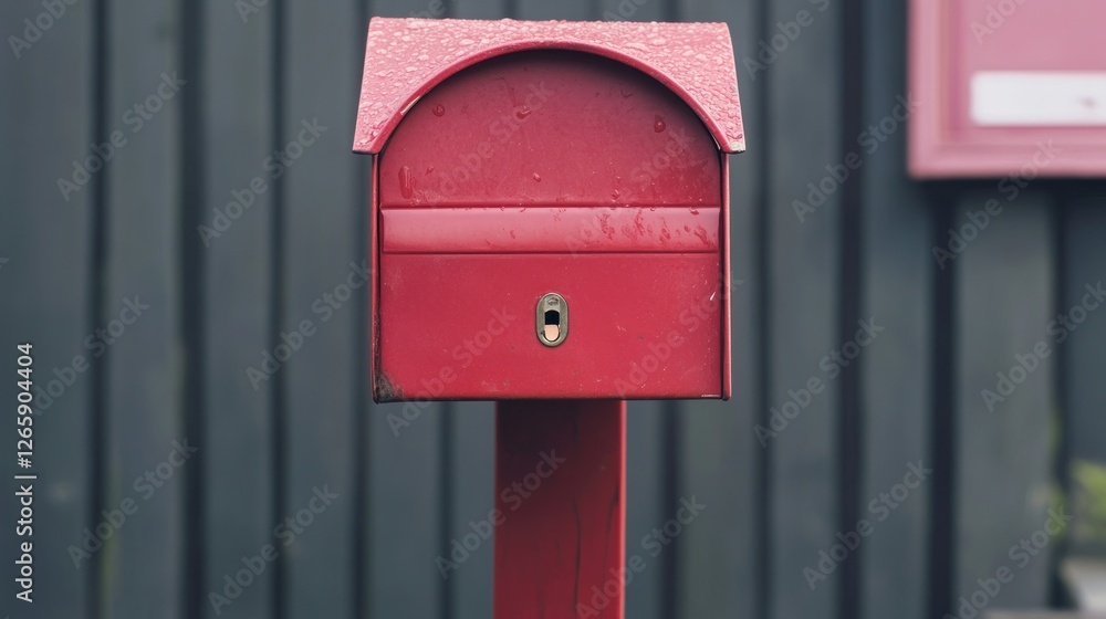 Quaint red mailbox stands out against the muted background on a rainy day Quaint red mailbox stands out against the muted background on a rainy day