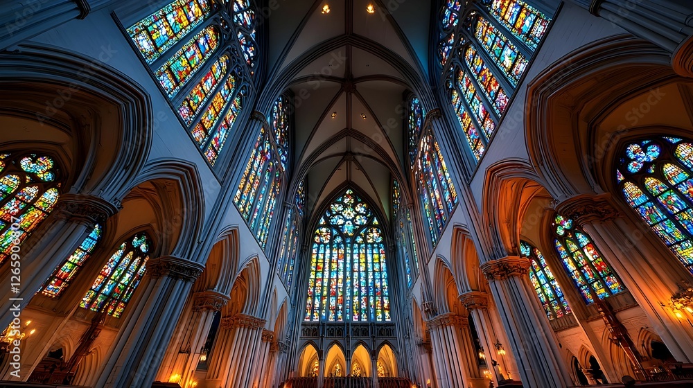 Obraz premium Grand Cathedral Interior with Colorful Stained Glass Windows