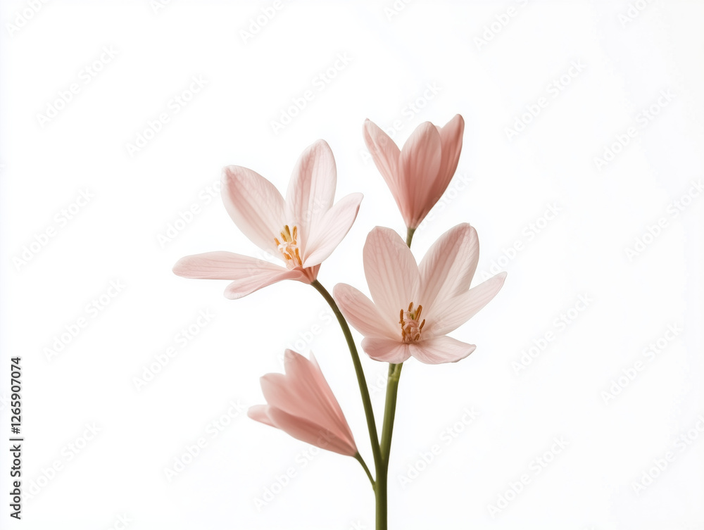 A Delicate Pink Flower Gracefully Blooms on Its Stem Against a Softly Blurred Background and Gentle Gray Sky, Evoking Serenity and Tranquility. A Delicate Pink Flower Gracefully Blooms on Its Stem Against a Softly Blurred Background and Gentle Gray Sky, Evoking Serenity and Tranquility.