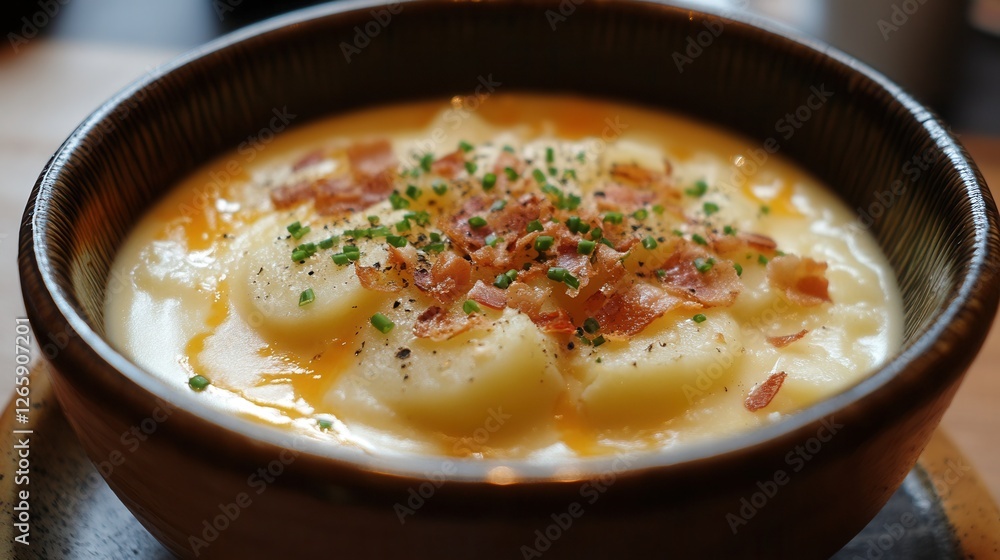a creamy potato soup with chunks of potato, crispy bacon, cheddar cheese, and chives, served in a ceramic bowl. a creamy potato soup with chunks of potato, crispy bacon, cheddar cheese, and chives, served in a ceramic bowl.