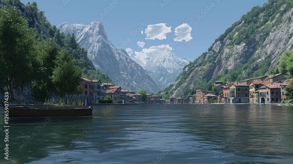 Fototapeta premium Mountain lake village scene with a boat, calm water