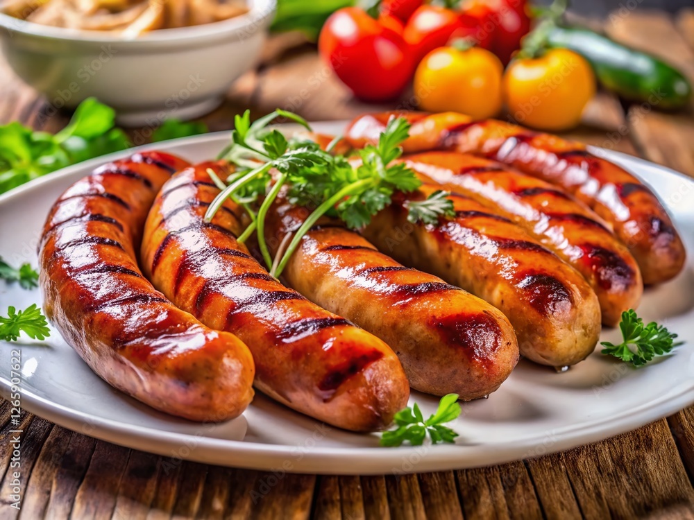 Macro Close-up of Sliced Grilled Turkish Sausage on White Plate Macro Close-up of Sliced Grilled Turkish Sausage on White Plate