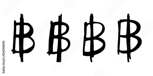 Hand drawn thai baht currency symbol set Brush stroke doodle Single element for design