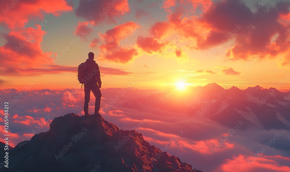 A lone hiker stands atop a mountain peak at sunrise with dramatic clouds and a breathtaking view A lone hiker stands atop a mountain peak at sunrise with dramatic clouds and a breathtaking view