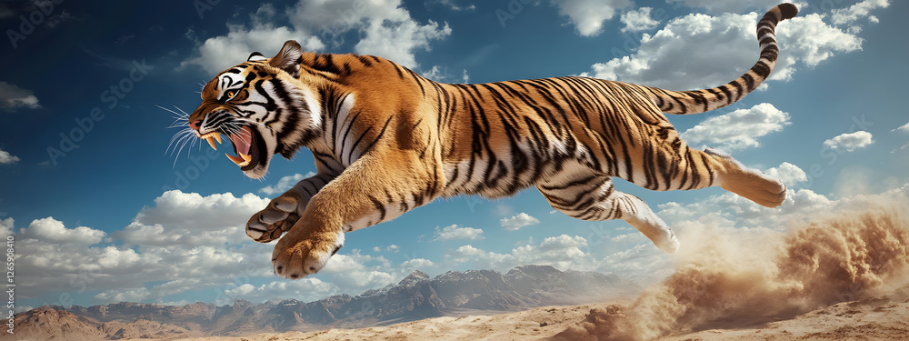 Fototapeta premium A majestic tiger, baring its fangs and leaping into the air with incredible speed