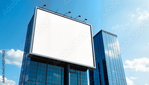 Street banner mockup PSD. Digital billboard on skyscraper façade against blue sky, urban branding