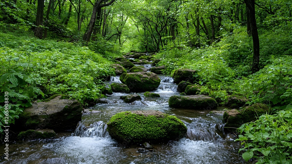 Flowing Stream Through Lush Green Forest Flowing Stream Through Lush Green Forest