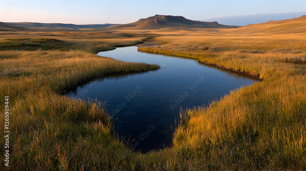 Serene sunset over prairie wetland, reflecting mesa. Nature photography for travel brochures