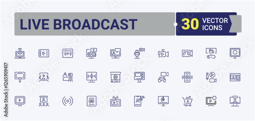 Live Broadcast collection. Includes thin line stream, podcast, social, live, camera, play, record and more. Pixel perfect. Vector icons editable stroke.
