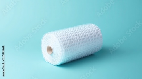 Roll of Transparent Bubble Wrap on a Soft Blue Background for Packing and Protection of Fragile Items