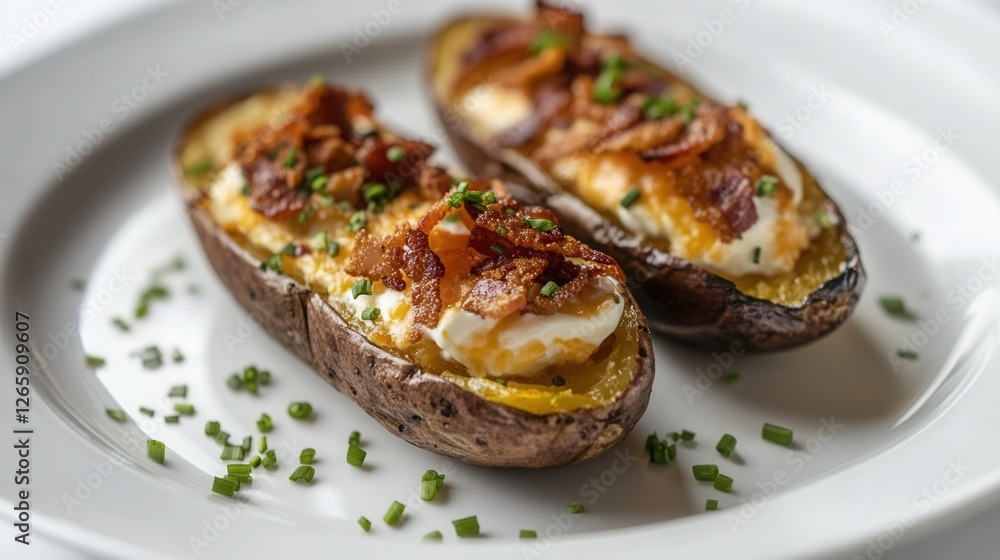 baked potatoes stuffed with sour cream, cheddar cheese, crispy bacon bits, and chives, served on a white ceramic plate. baked potatoes stuffed with sour cream, cheddar cheese, crispy bacon bits, and chives, served on a white ceramic plate.