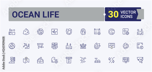 Ocean Life icon collection. Includes icons for logistic, fish, wheel, freight, ship, marine, rope and more. Minimal icon. Editable stroke.