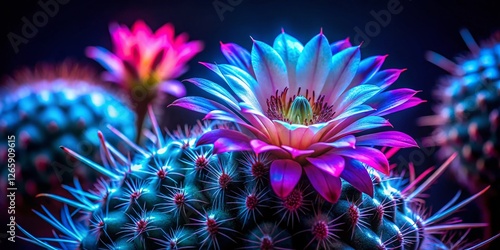 Macro Neon Cactus Night Poster - Vibrant Desert Bloom in Glowing Lights