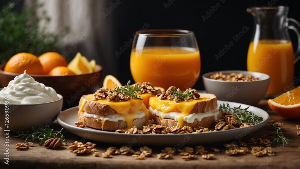 Cheese Toast Vibrant featuring Granola Adorned Breakfast in Dark Contrast
Cheese Toast Vibrant featuring Granola Adorned Breakfast in Dark Contrast