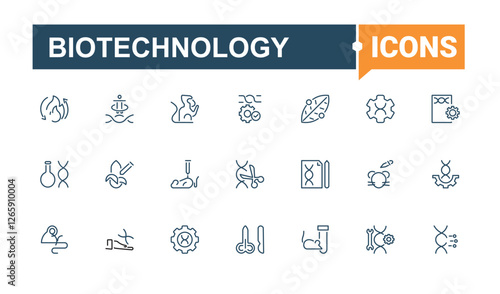 Biotechnology Postal and Digital Mail modern icons set. Related to experiment, analysis, dna, ar, technology, bio, gene and more. Line symbol. Minimalist editable vector stroke.